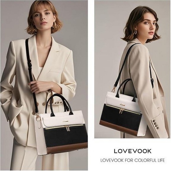Lovevook Black, Cream, and Camel Tan Tote Bag Tablet Laptop Bag Gold Hardware - Picture 6 of 9